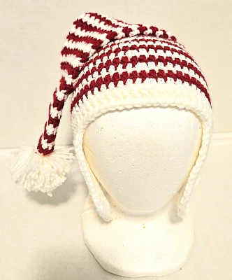 New Toddler Childrens Handmade White Red Crochet Skull Beanie Ear Flap 20" Head - Image 1 of 4