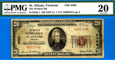 1929 $20 National Bank St. Albans, Vermont CH# 3482 PMG 20 top pop finest - Image 1 of 4