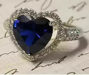 2.65 Ct Heart Cut Blue Sapphire Wedding Halo Ring 14k White Gold Plated Silver - Picture 1 of 8