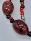 Vintage Deco 30s 40s Venetian Murano ART Glass Bead Necklace Oval Red Glitter