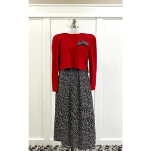 Richard Warren Women's Dress Suit Red Jacket 100% Wool & Polka Dot Silk Skirt - Picture 1 of 12