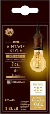 GE LED A19 Amber Vintage Bulb, 5W=60W, Dimmable, Warm Candle Light – 1 Bulb, NEW - Image 1 of 3