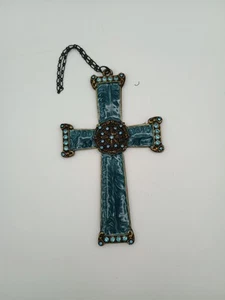 Pearly Enamel Cross With Blue Rhinestones And Brass - Picture 1 of 16