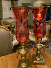 Vintage Pairs Of Cranberry Glass Globe With Brass Candlesticks And Base.