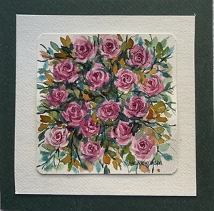 4”x4” Pamela Wilhelm Original Art On 6x6” Matboard Pink Roses Watercolor & Ink - Picture 1 of 2