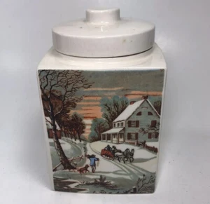 Vintage Tea Caddy Ceramic Canister Snow Scene Cork Lined Lid Winter Transfer - Picture 1 of 11