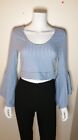 Polly & Esther Striped blue and whit Bell Sleev V Neck Back Waist Tie Crop Top M