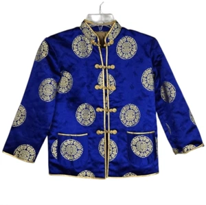 Boys Blue Gold Brocade Jacket Chinese Silk Tang Suit Coat Formal Wedding Large - Picture 1 of 8