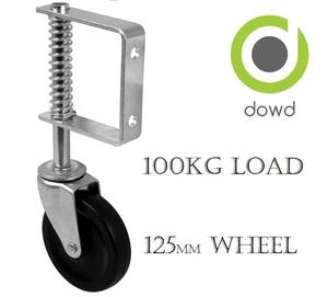 HEAVY DUTY Spring Loaded Gate Castor 125mm (5") hard black rubber wheel Farm - Picture 1 of 2