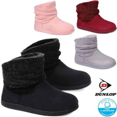 Ladies Slippers Dunlop Memory Foam Slip On Fur Cosy Warm Ankle Indoor Boots Shoe - Image 1 of 4