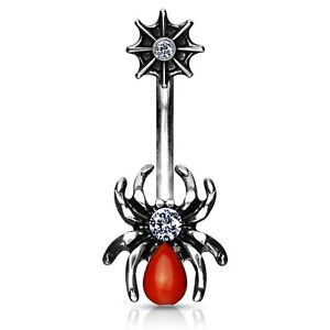 RED SPIDER & WEB BELLY BUTTON RING NAVEL PIERCING BODY JEWELRY (14G 3/8")