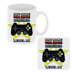 Tazza e Sottobicchiere Personalizzato Gamer Regalo 10° Compleanno Livello 10 Videogioco Retrò - Foto 1 di 28