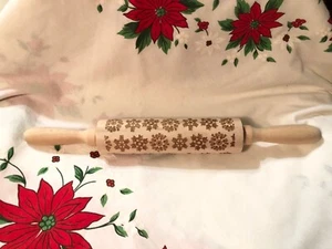 Christmas Wood Rolling Pin Ornate Embossed Snowflake 14” Long Holiday Baking - Picture 1 of 8