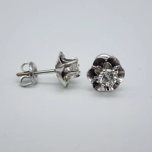 Vintage 14k White Gold .50 Ct Diamond - Ribbon Bezel - Screwback Stud Earrings - Picture 1 of 16
