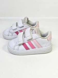 Adidas Girls Grand Court 2.0 Scarpa White Pink Stipes Sneakers Hook & Loop Sz 5K - Picture 1 of 11