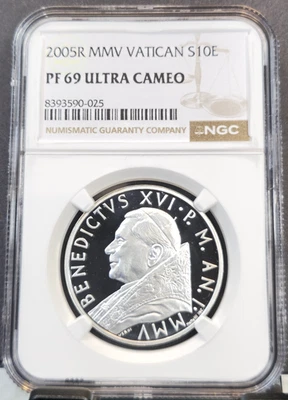 Plata del Vaticano 2005 10 euros Papa Benedicto XVI NGC PF 69 ultra camafeo raro top pop Foto 1 de 3