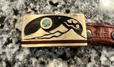 1970’s Kenneth Reid Brass Buckle Moonscape W Turquoise Inlay Brown Belt 24”x30” - Image 1 of 4