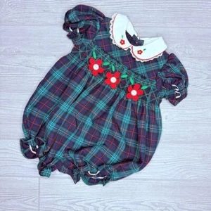 Vintage b.t kids green / red plaid one piece floral jumper with flowers smocked - Picture 1 of 6