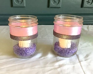 Two Mason jars embellished with lavender satin ribbon & purple rhinestones - Picture 1 of 11