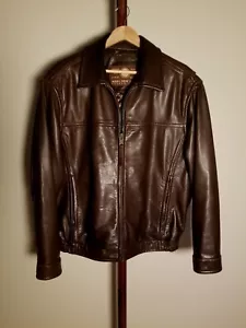 Andrew Marc New York Mens Size L Dark Brown Leather Bomber Style Jacket w Liner - Picture 1 of 13