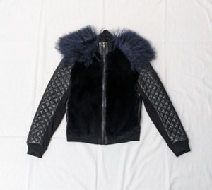 BCBGMaxAzria Finn Black Fur Vest Quilted Genuine Leather Sleeve Jacket Size S