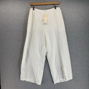 Kleen Womens Large White Linen Wide Leg Pants Pull On Lagenlook Micro Pocket NWT - Picture 1 of 17