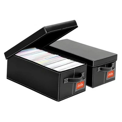 Caja de almacenamiento de DVD - Estuche de DVD de cuero sintético negro con tapa - Estante de DVD Paquete de 2 DVD Foto 1 de 4