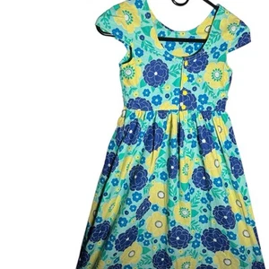 Blue green and yellow vintage handmade girls dress with retro vibes - Picture 1 of 11