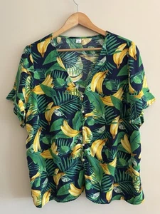 Old Navy Women's Bananas Limes Green Leaves Button Up V Neck Top Shirt Size 2X - Picture 1 of 10