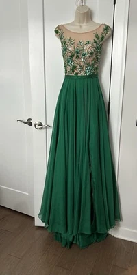 SHERRI HILL Kelly Green Emerald Nude Illusion Dress Gown Maxi Long Formal XS 0 - Image 1 of 4