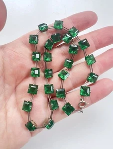 Antique Sterling Silver Art Deco Princess Cut Emerald Paste Riviere Necklace 14" - Picture 1 of 6