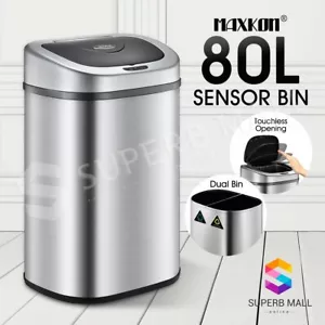 80L Motion Sensor Bin Dual Compartment Rubbish Trash Recycle Can Stainless Steel - Picture 1 of 12