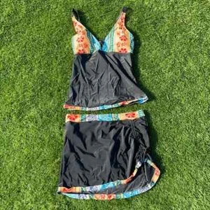 Cute Swimsuit Set Black and Orange/Red Flowers Ladies Size L - Picture 1 of 7