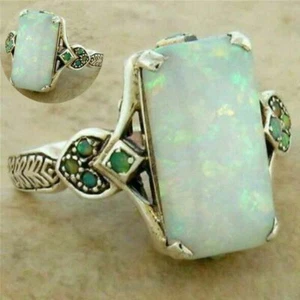 Size 5-11 Fire Opal Ring Silver White Women Wedding Proposal Jewelry Fashion - Picture 1 of 14