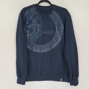 Avenue George V Paris Sweater Mens Medium Blue Lion Head Rhinestone Sweatshirt - Picture 1 of 13