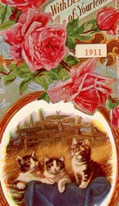 Impresión artística de tres gatitos c1911 con los mejores deseos de tu maestro tarjeta rosas - Imagen 1 de 4