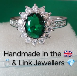 GRH: Woman White Gold Ring. Size T-U. Lab Created 1cmx6mm Oval Green Emerald - Picture 1 of 10
