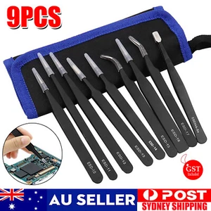 9Pcs ESD Anti-Static Tweezer Set Tweezers Maintenance Tool Stainless Steel AU - Picture 1 of 11