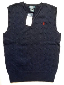 New Polo Ralph Lauren Boys Navy Blue Cable Knit Sweater Vest Red Pony 5 5T - Picture 1 of 1