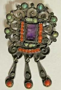 Pin BroochTaxco Mexico 925 Silver Amethyst Turquoise Coral Matilde Poulat (Matl) - Picture 1 of 3