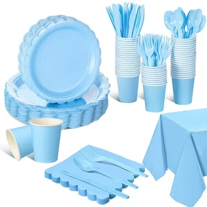 256 Pcs Light Blue Party Supplies Paper Plates Napkins Tablecloths Baby Blue ... - Picture 1 of 7