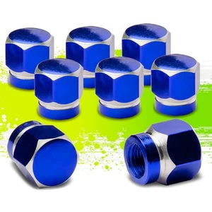 8X ALUMINUM HEXAGONAL TIRE/RIM VALVE/WHEEL AIR PORT CORE COVER STEM CAPS BLUE - Picture 1 of 2