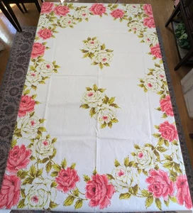 51"x 67,5" Vintage/USA 100% Baumwolle weiß TB mit GROSSEN "Rose-Rosa & Weiß" Blumen gebraucht - Bild 1 von 6