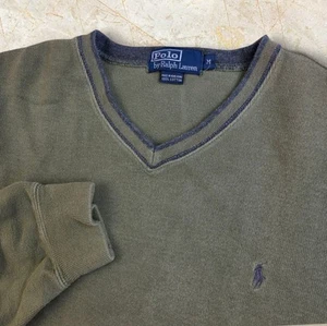 Vintage 90s Polo Ralph Lauren V-Neck Sweatshirt Men's M Faded Olive Green Pony L - Picture 1 of 8