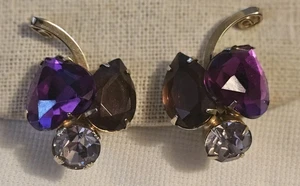 Vintage Juliana Purple Faceted Rhinestone Gold-Tone Large Clip-On Earrings - Picture 1 of 5