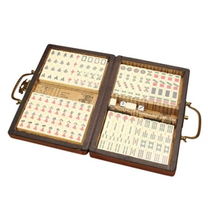 Scatola Mahjong Portatile Vintage Rara 144 Piastrelle Mah-Jong Cinese Set + Scatola Pelle US - Foto 1 di 11