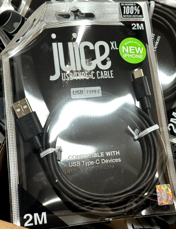 Juice New USB Type-C 2meter Charge & Sync Cable USB-C Black iPhone 15 + Samsung - Image 1 of 4
