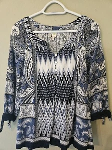 Fig & Flower Top Womens Size 2XL Blue Paisley Print 3/4 Sleeve Blouse - Picture 1 of 8