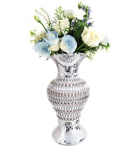 Jarrón grande de cerámica con incrustaciones de pedrería, florero vintage de plata - Imagen 1 de 5