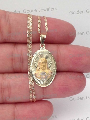 Religious Real 14k Yellow Rose G Jesus Face Charm Pendant Valentino chain 18"